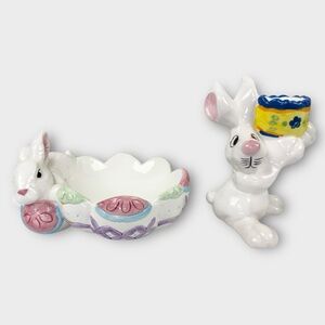 Easter Bunny Ceramic Candy Bowl and Egg Holder - Easter Decor - Lot of 2 Bunnies